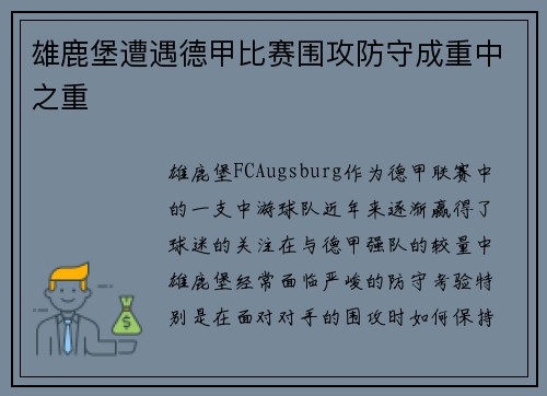 雄鹿堡遭遇德甲比赛围攻防守成重中之重