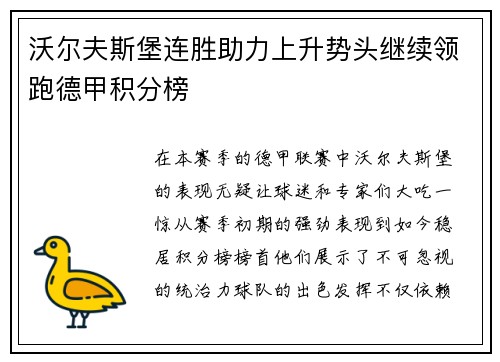沃尔夫斯堡连胜助力上升势头继续领跑德甲积分榜